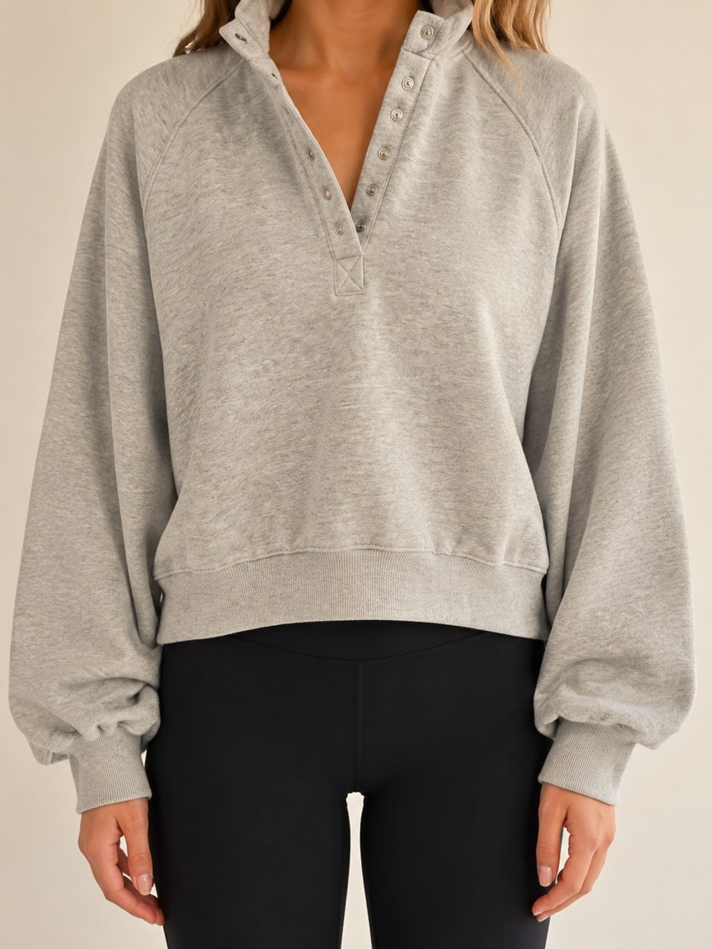 Snap-Front Relaxed Grey Pullover Hoodie